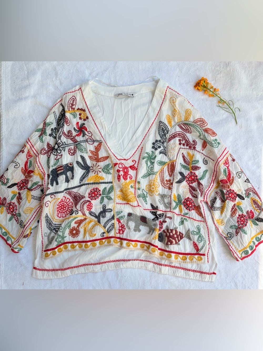 Zara Embroidered V-Neck Cotton Top - Multicolor Medium
